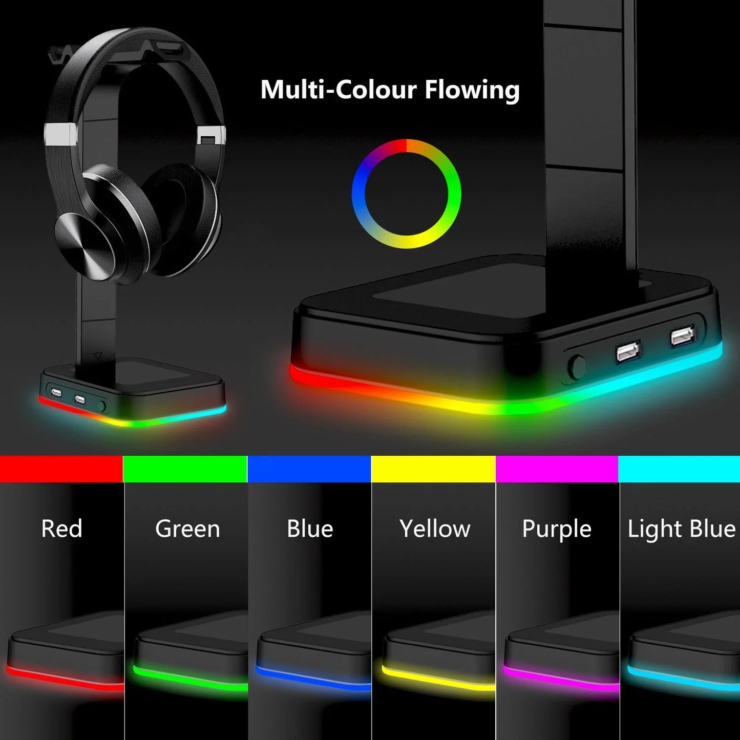 KAFRI RGB Headphone Stand with Power Strip and USB Charging Ports