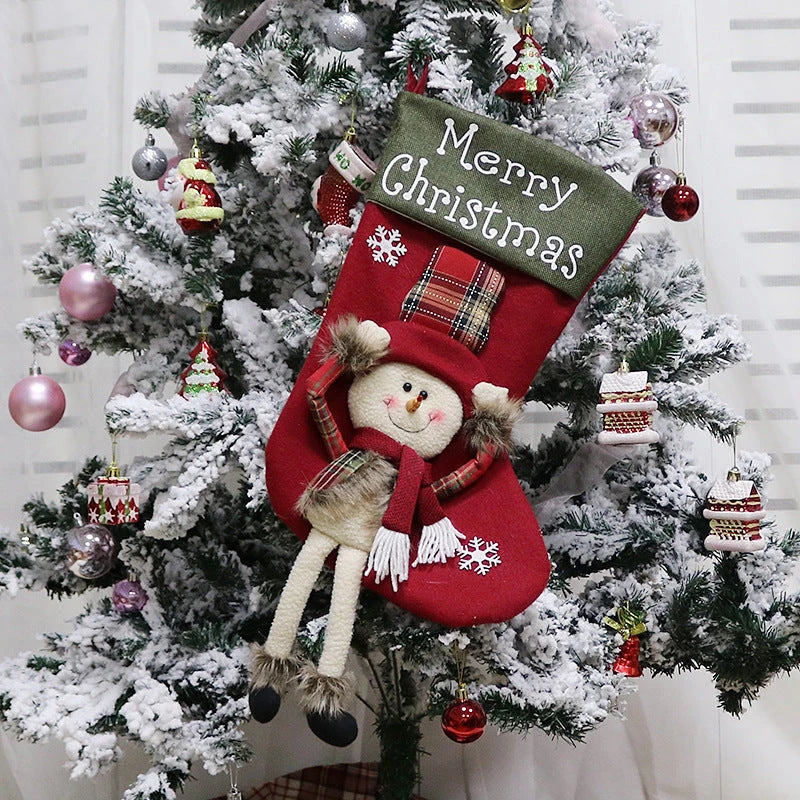 Extra-large Christmas stockings with 3D applique designs of Santa, Snowman, and Reindeer