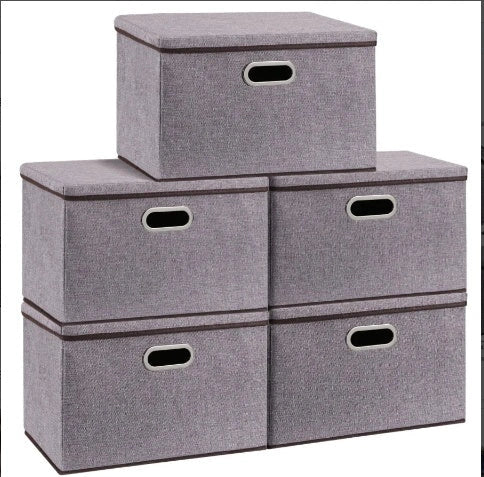 Large folding storage box set in cotton and linen, 44x30x30cm, grey colour