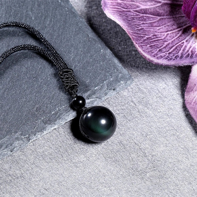 Stylish 16mm Natural Obsidian and Amethyst Pendant Necklace for Women and Men