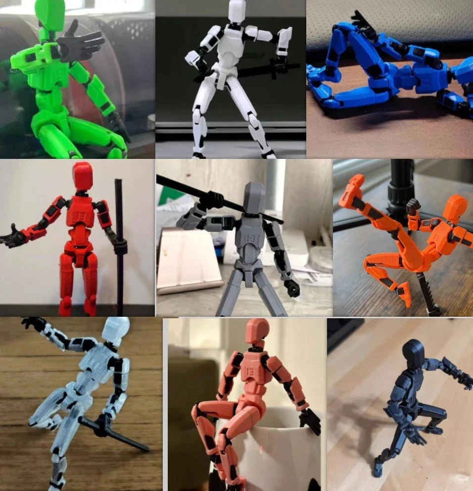 Poseable 3D-printed transforming robot action figure toy in various bright colors