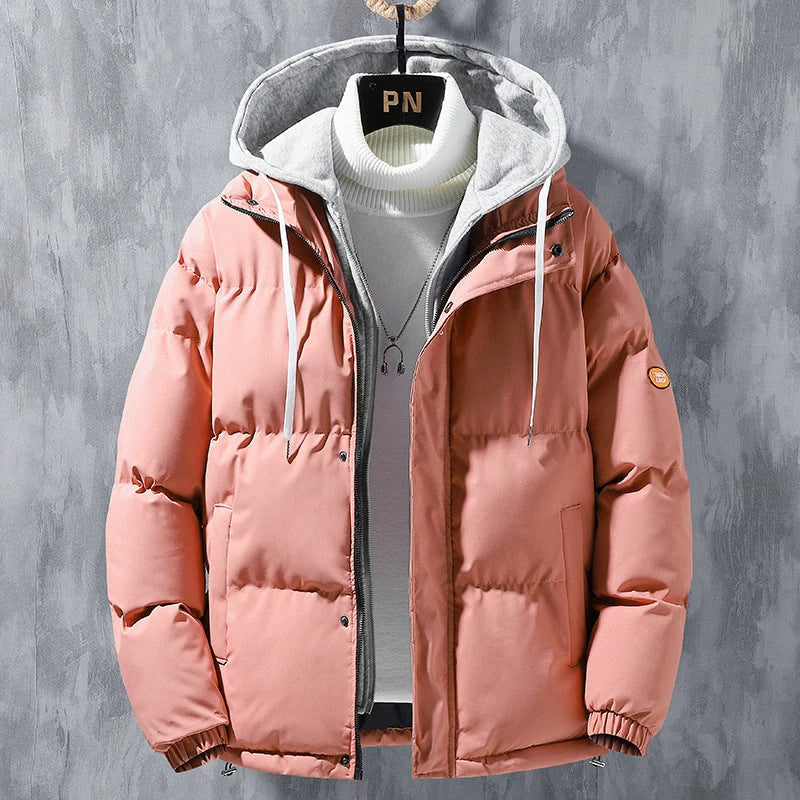 Premium insulated winter jacket for men in various colors, including black, khaki, pink, and blue. The jacket features a hooded design, front zipper closure, and adjustable drawstrings for a customized fit.