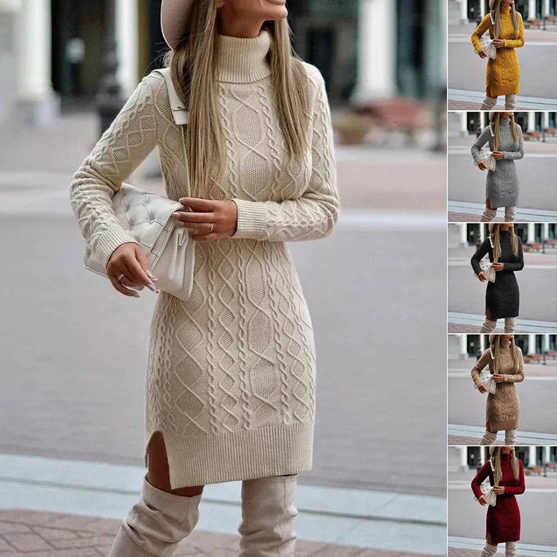 Stylish women's turtleneck knitted dress with slit design for winter warmth