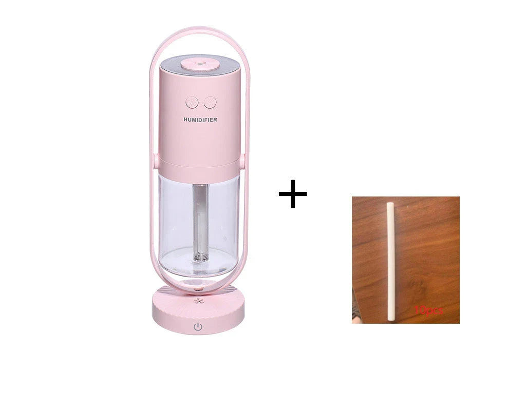 Compact USB Powered Desktop Humidifier with Ambient Lighting, featuring adjustable mist nozzle and romantic starry projection
