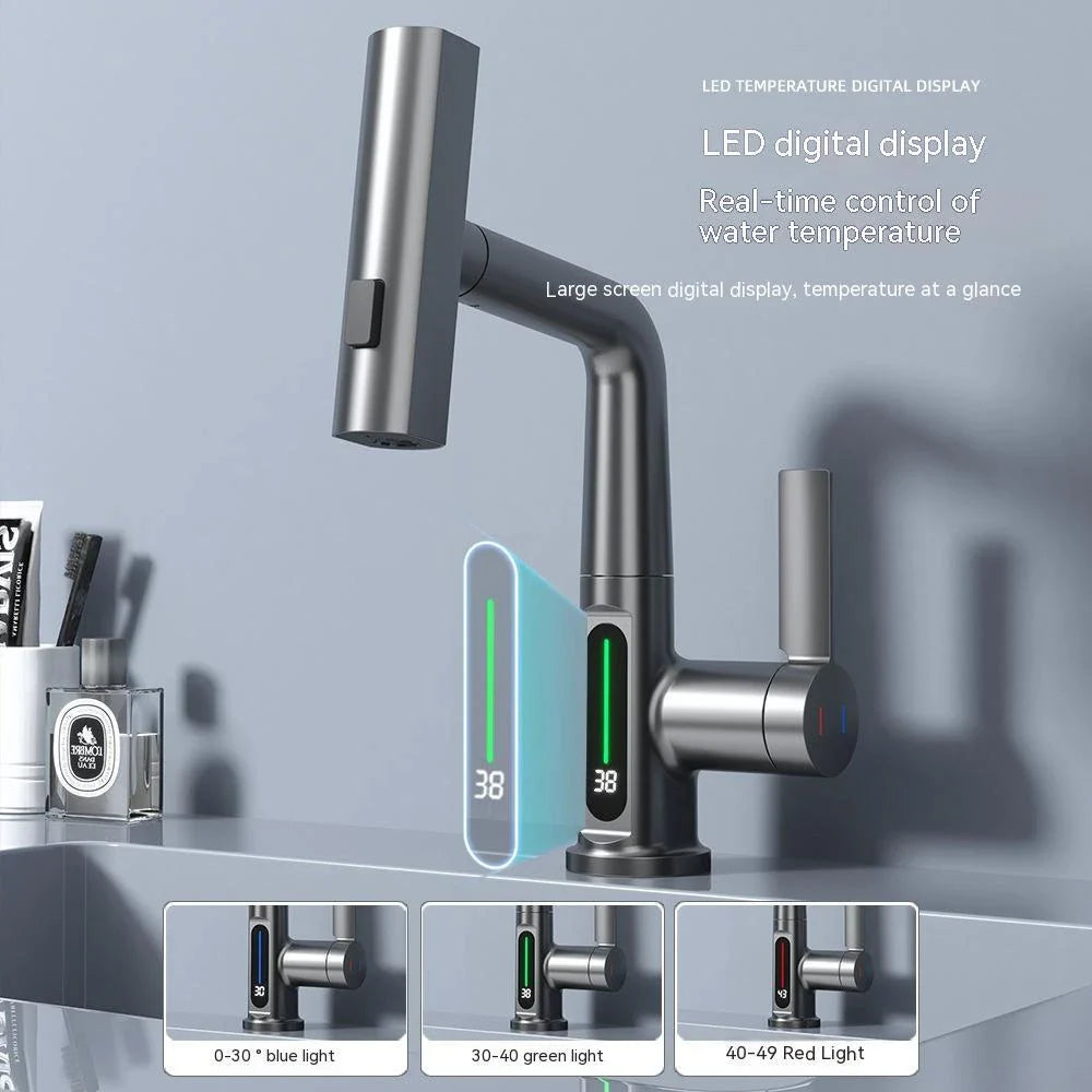 Versatile digital kitchen faucet with temperature display, 360-degree swivel, and pull-out design for enhanced maneuverability and precise water temperature control