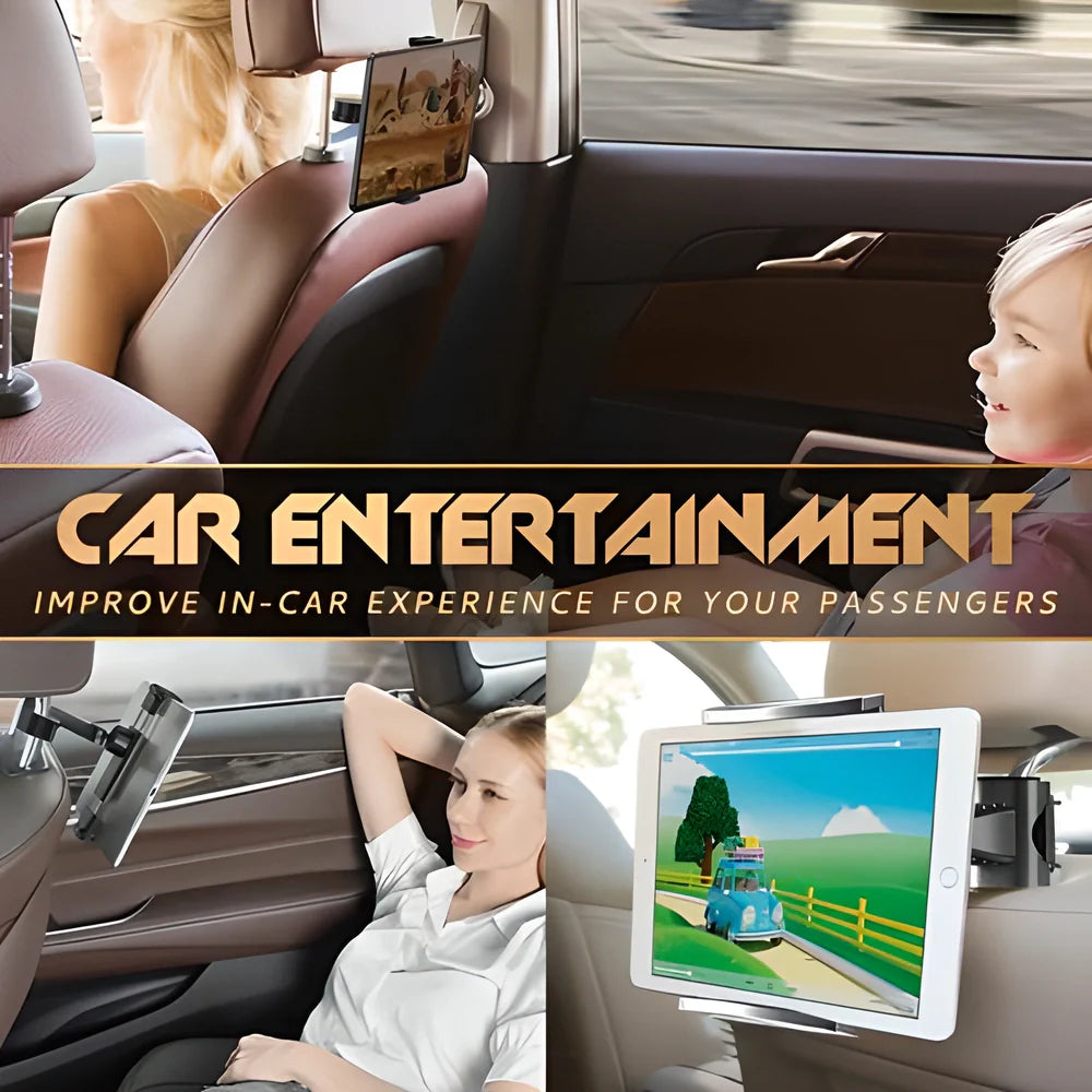 Premium 360° rotating car tablet mount with secure grip and charging port for in-car entertainment