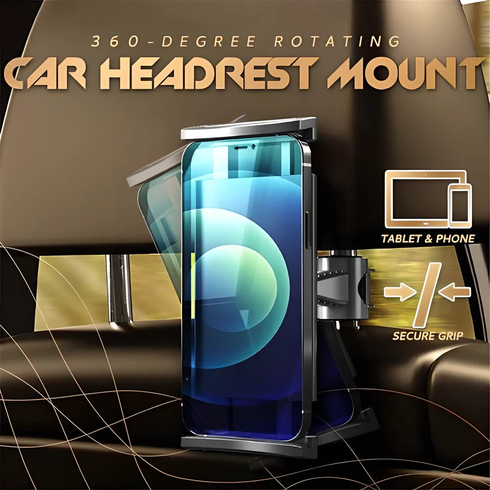 Premium 360° rotating car tablet mount with secure grip and charging port for in-car entertainment