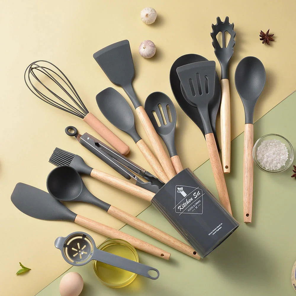 Silicone kitchenware set with wooden handles in various colors and styles, perfect for cooking, baking, and serving