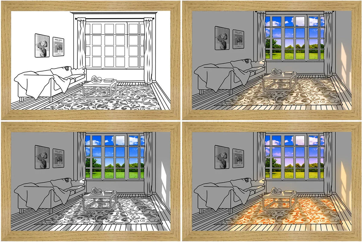 Illuminating LED picture light with customizable lighting modes, showcasing various nature scenes and cityscapes
