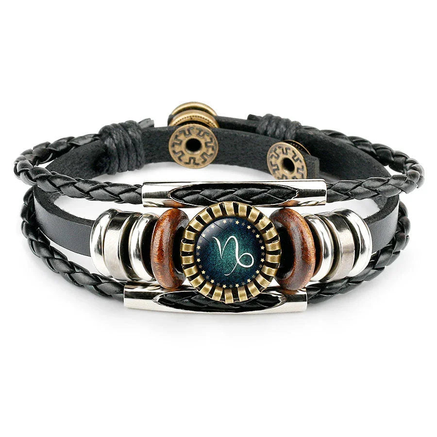 Stylish multilayer leather bracelet with zodiac sign artwork, suitable for men