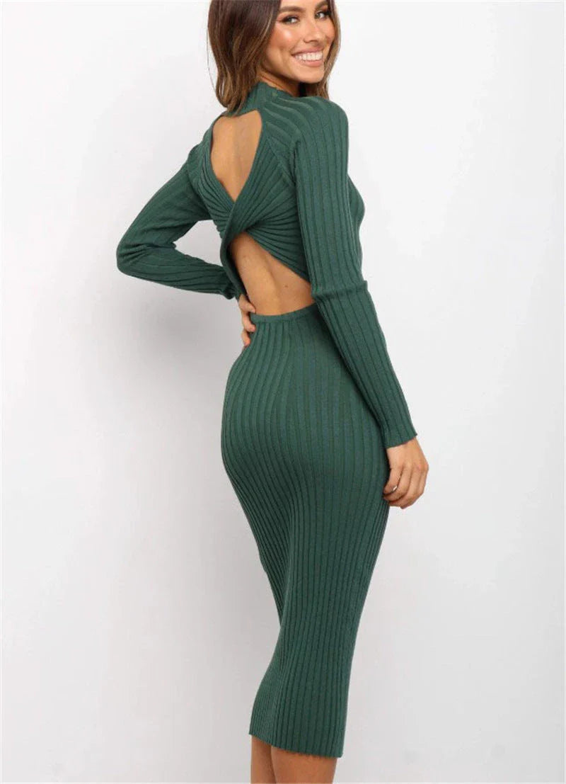 Stylish women's backless bow sweater dresses in solid colors, including green, black, and pink