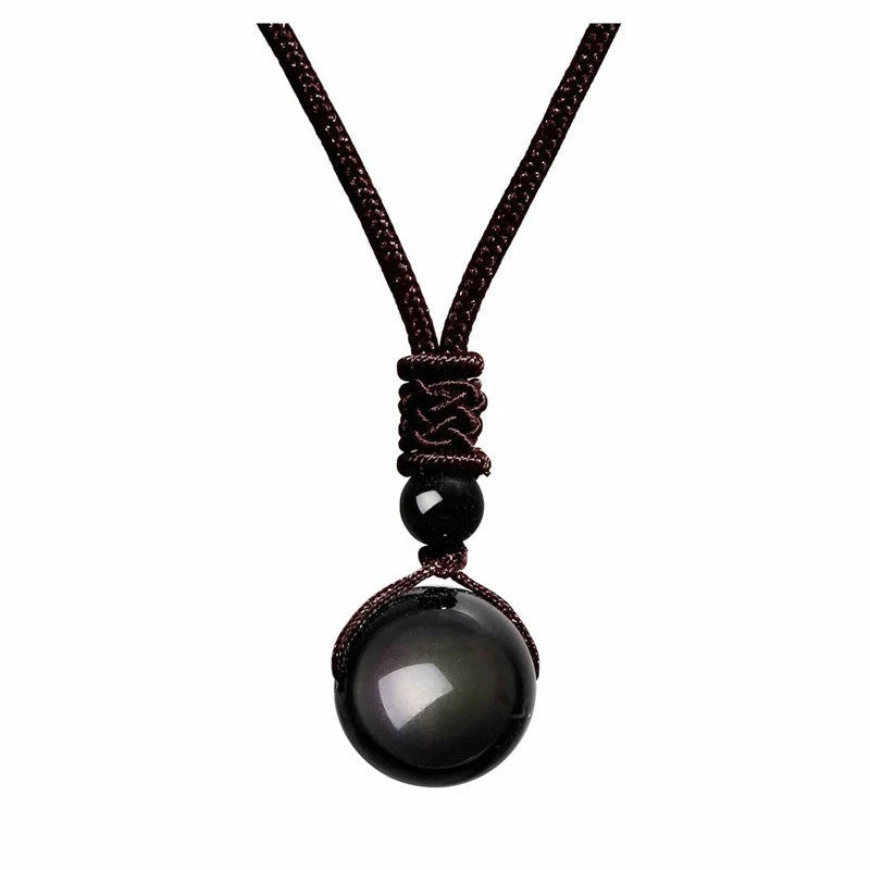 Stylish 16mm Natural Obsidian and Amethyst Pendant Necklace for Women and Men