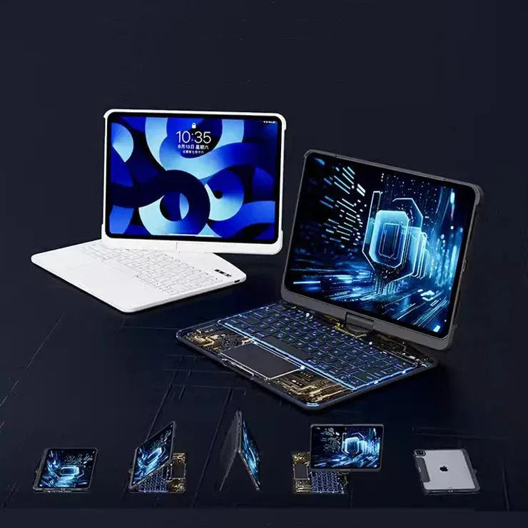 360-degree rotating keyboard case with transparent backplate and built-in Apple Pencil holder for iPad