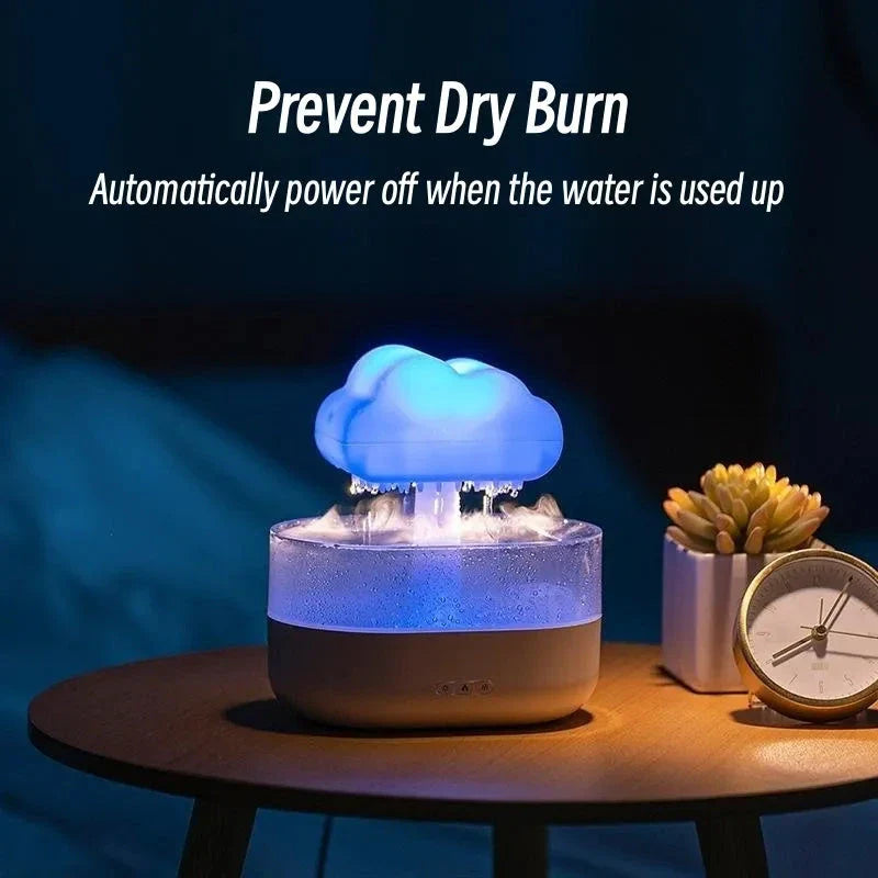 Stylish rain cloud-inspired humidifier with color-changing LED lights and essential oil diffuser for a relaxing and aromatic experience