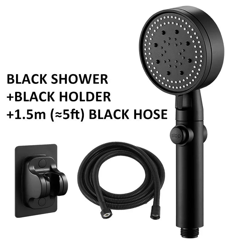 Premium high-pressure shower head with 5-speed supercharged spray patterns, large water output, and modern minimalist design
