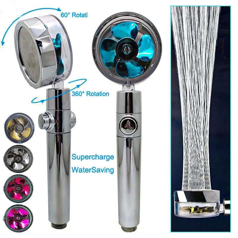 360-degree rotating high-pressure shower head with built-in fan and adjustable water spray