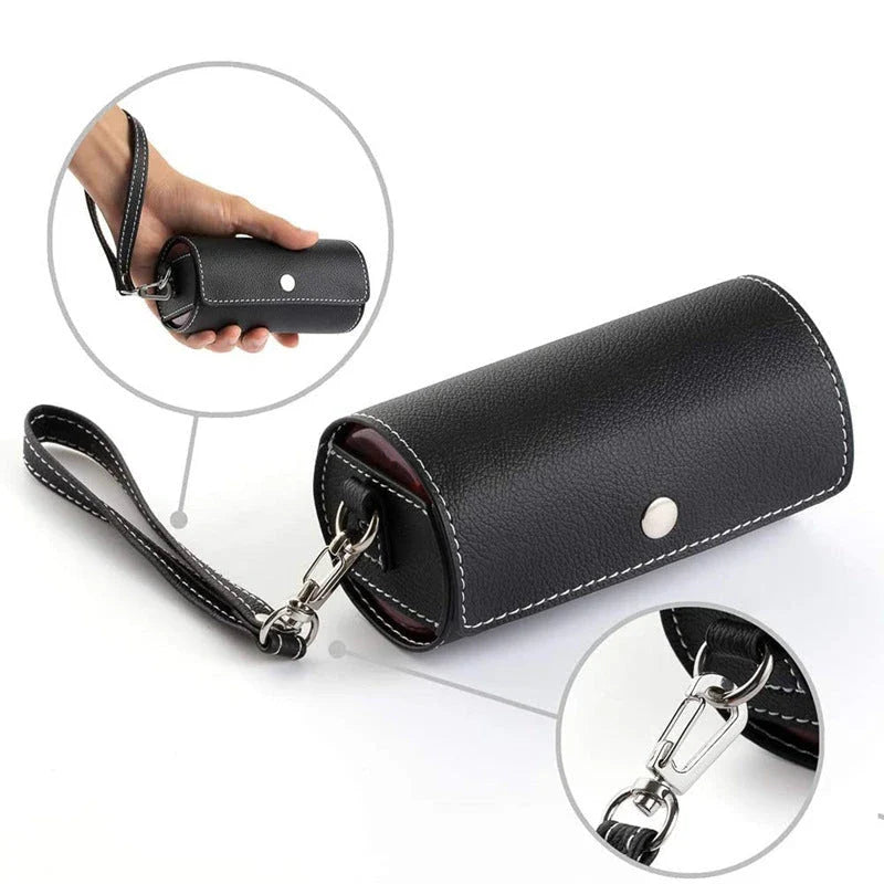 A black plastic 7-day pill organiser with rotating compartments and hidden storage for secure medication management