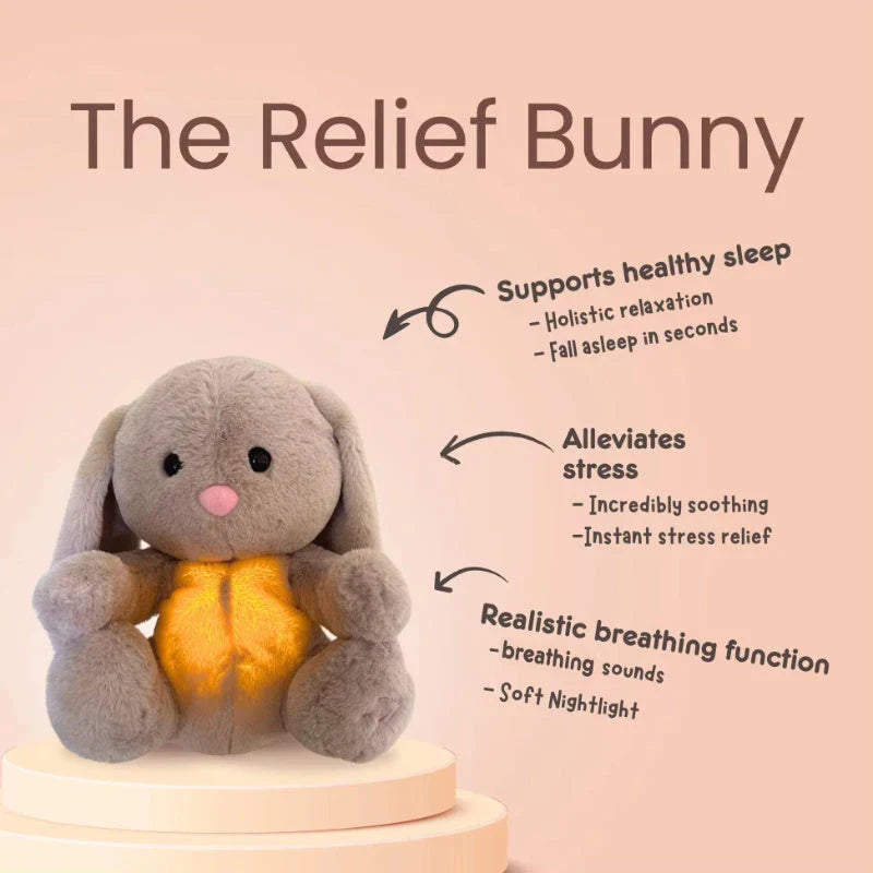 A soft, plush rabbit toy with a breathing mechanism that mimics natural respiration to soothe and comfort newborns