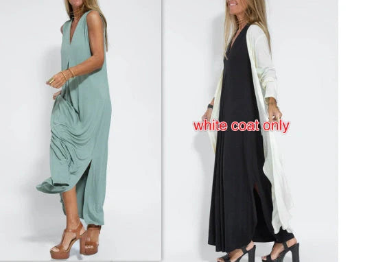 Stylish Women's V-neck Sleeveless Dress with Long Cardigan in various colors
