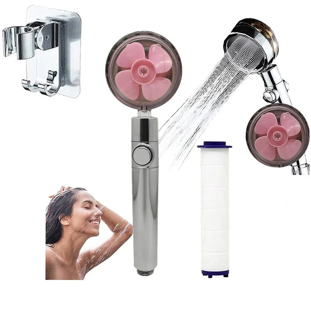 A high-pressure shower head with a stop button, cotton filter, and powerful water pressure for a luxurious bathing experience.