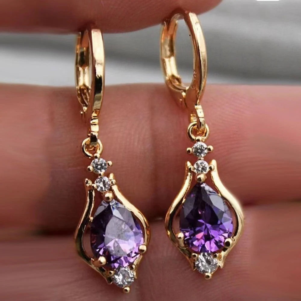 Purple Zircon Drop-shaped Earrings with geometric design and inlaid stones