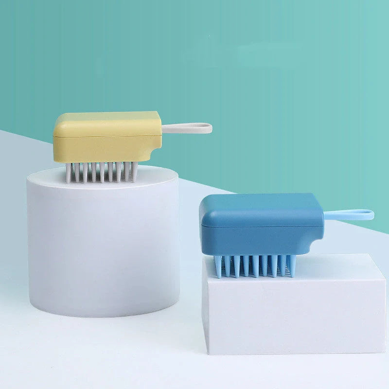 Soft TPR Pet Bath Massage Brush for dogs and cats in white, pink, blue, and yellow