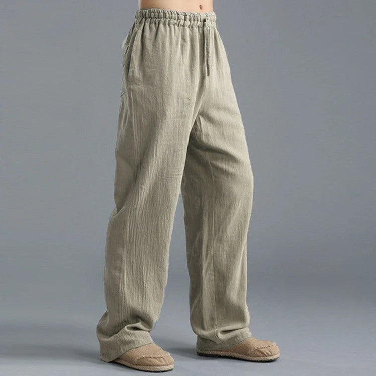 Men's breathable linen loose-fit sports pants in khaki, black, light blue, and off-white