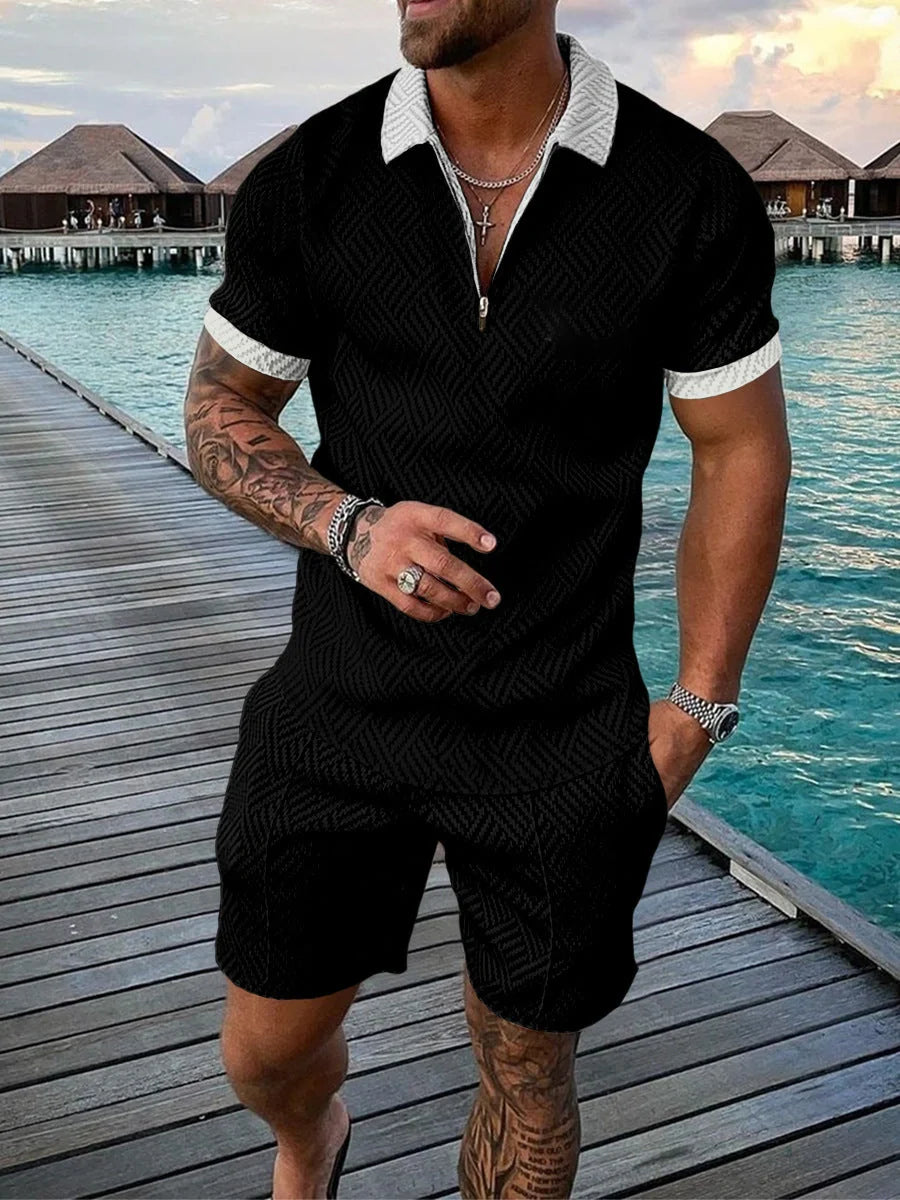 Men's casual contrast polo zip lapel shirt with shorts set in various colours