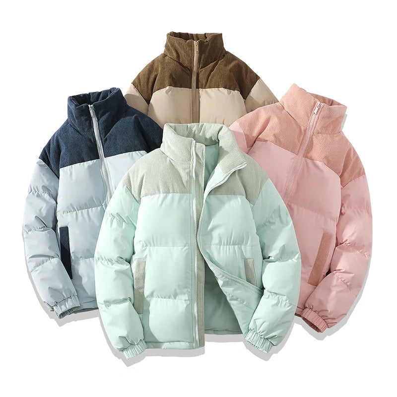 A stylish padded winter coat with contrast-coloured accents, designed for both men and women to stay warm and look fashionable.