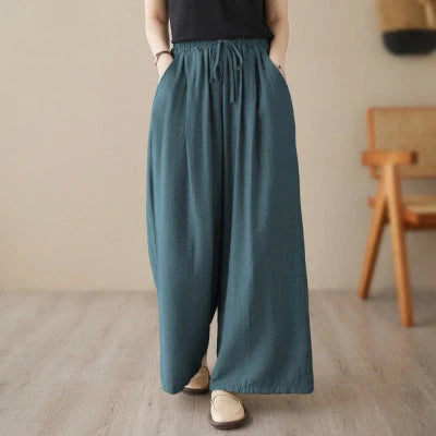 Stylish plus size wide leg straight casual trousers in black, light khaki, and blue green
