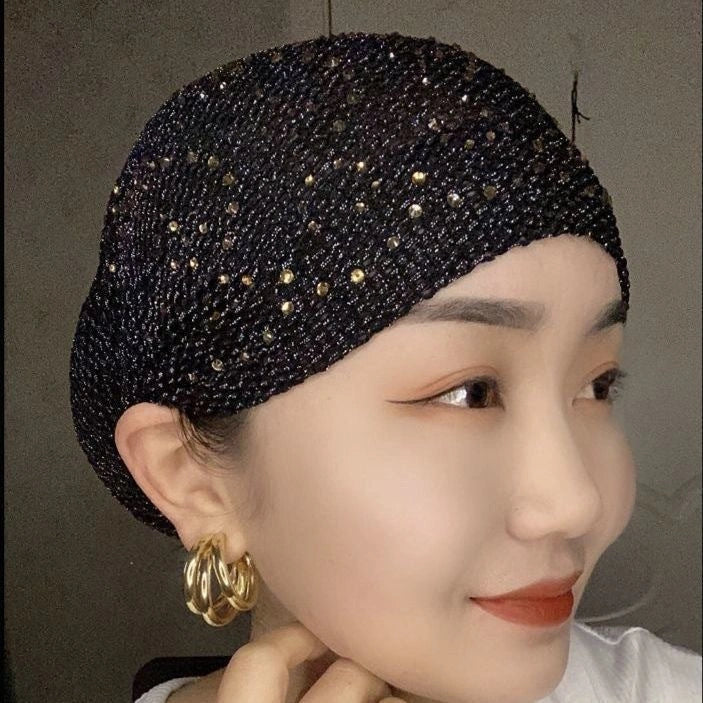 Stylish knitted beanie with elegant hot drilling pattern in various colours, including black, grey, wine red, ancient purple, and deep khaki