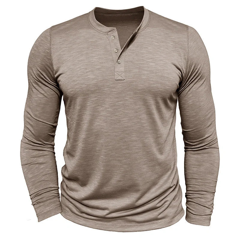 Men's Long-sleeved Henry Collar T-shirt in slub cotton, available in multiple colours