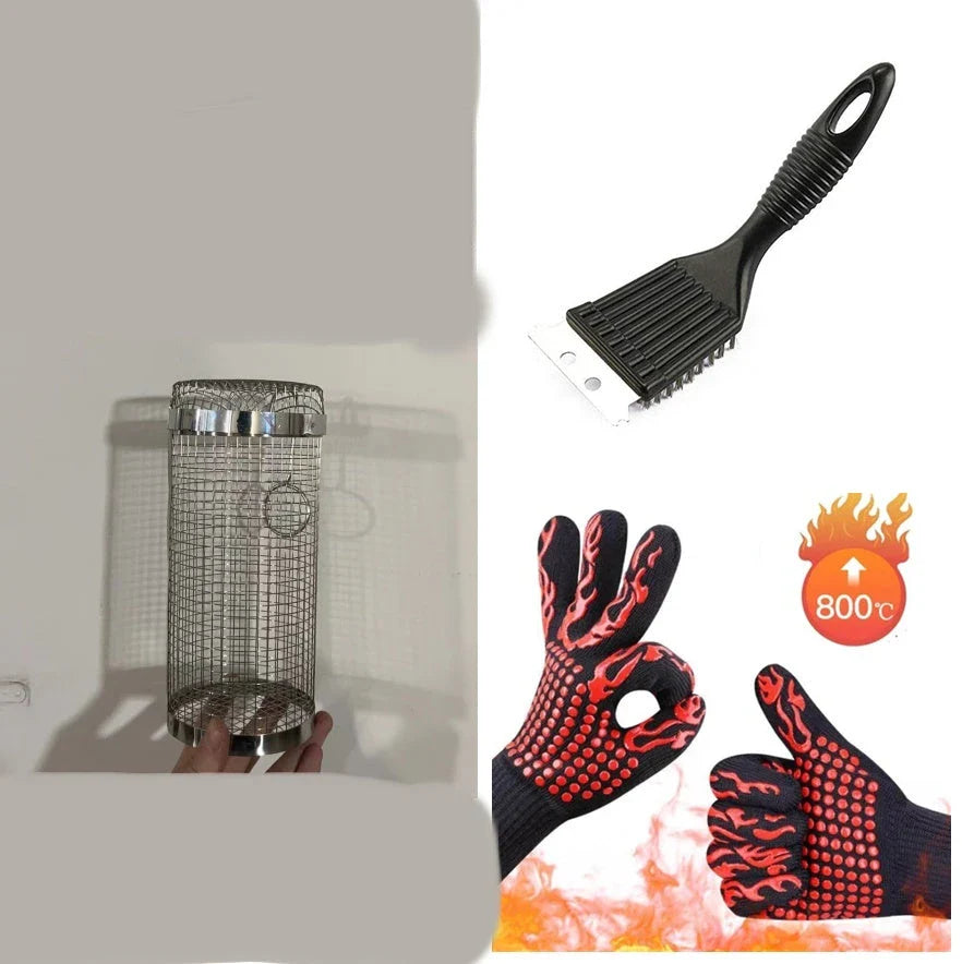 A stainless steel wire mesh grilling basket with a round shape, designed for versatile outdoor cooking and barbecue.