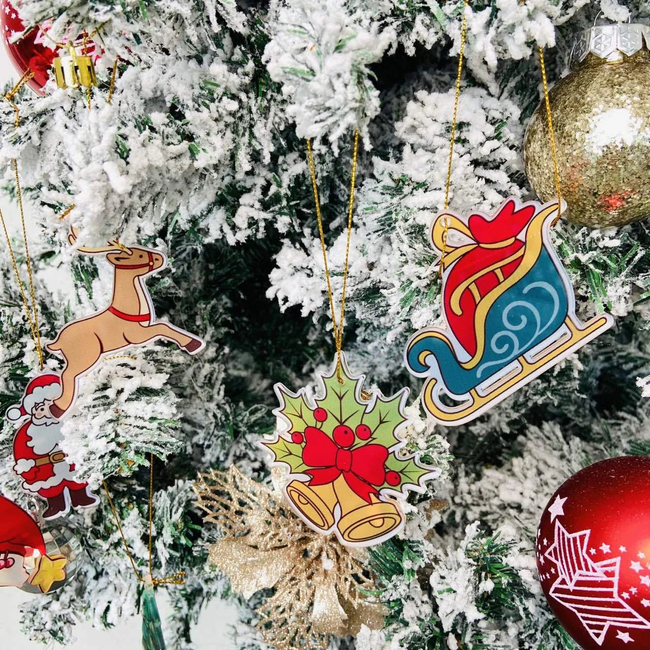 Festive car ornament hanging from rearview mirror with Christmas designs