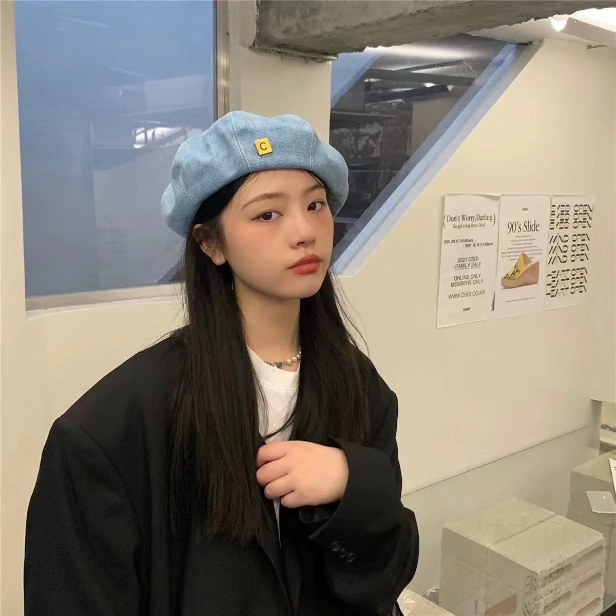 A stylish Japanese-inspired denim beret with a dome-shaped crown and a brimless silhouette, available in light, medium, and dark denim shades.