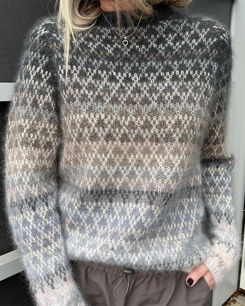 A stylish loose-fit knit jumper with a variety of colourful patterns and designs