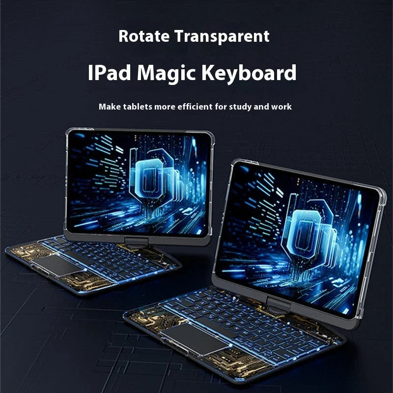360-degree rotating keyboard case with transparent backplate and built-in Apple Pencil holder for iPad