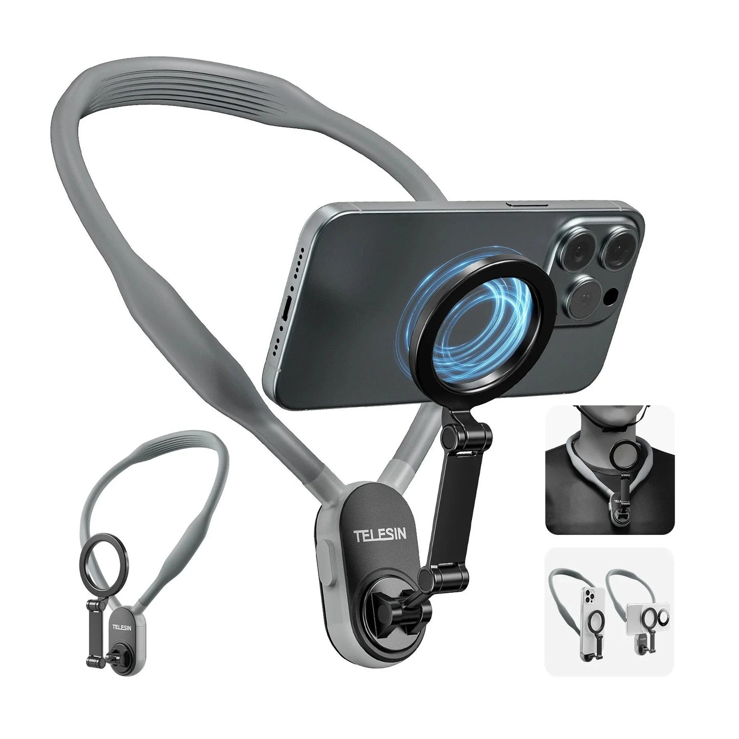 Hands-Free Magnetic Phone Mount for Neckwear with Silicone and Aluminum Construction, Secure Magnetic Suction, and Versatile Orientation Options