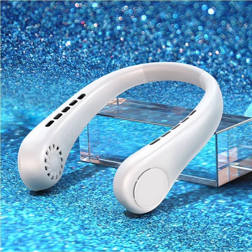 Portable bladeless neck fan with rechargeable air cooler for hands-free cooling in various colors and sizes