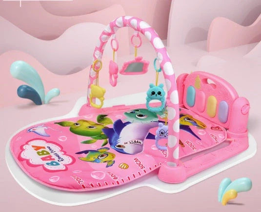Interactive baby play mat with piano keyboard and bear rattle for sensory development