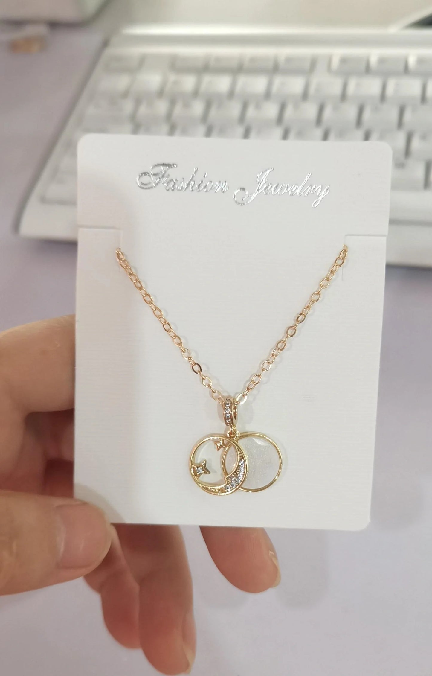 Design Star Moon Mother Shell Pendant Necklace in gold, silver, and copper options