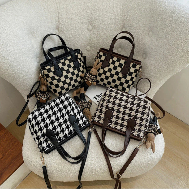 Stylish houndstooth shoulder bags in various colors, including black, coffee, and brown, with and without pendants, featuring a portable and versatile design for everyday use.