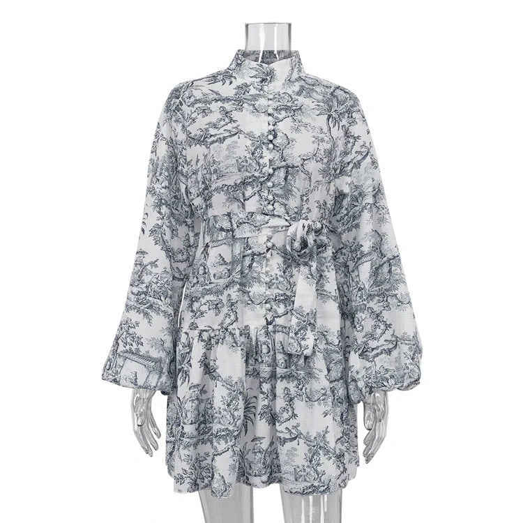 Stylish ink print A-line dress with fashionable puffy sleeves and lapel tie detail