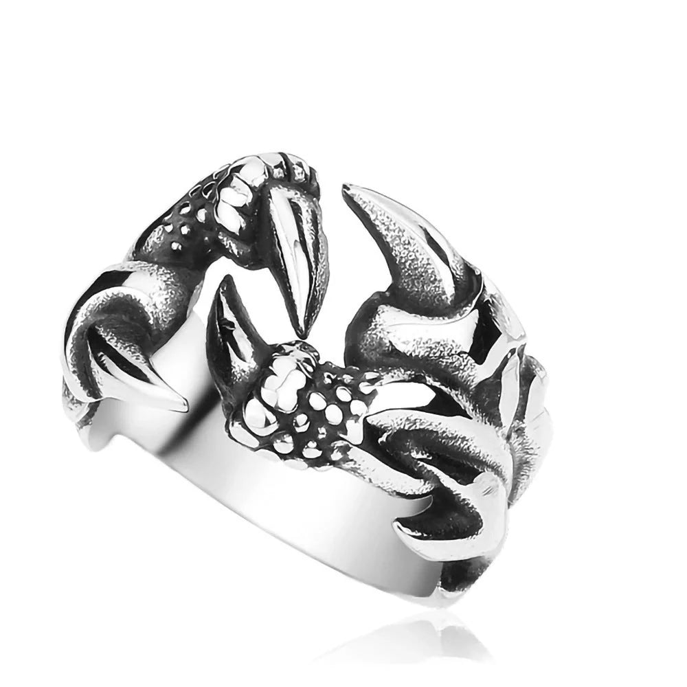Striking open dragon claw ring made from premium titanium steel, with a lustrous chrome-like finish and adjustable, comfortable fit