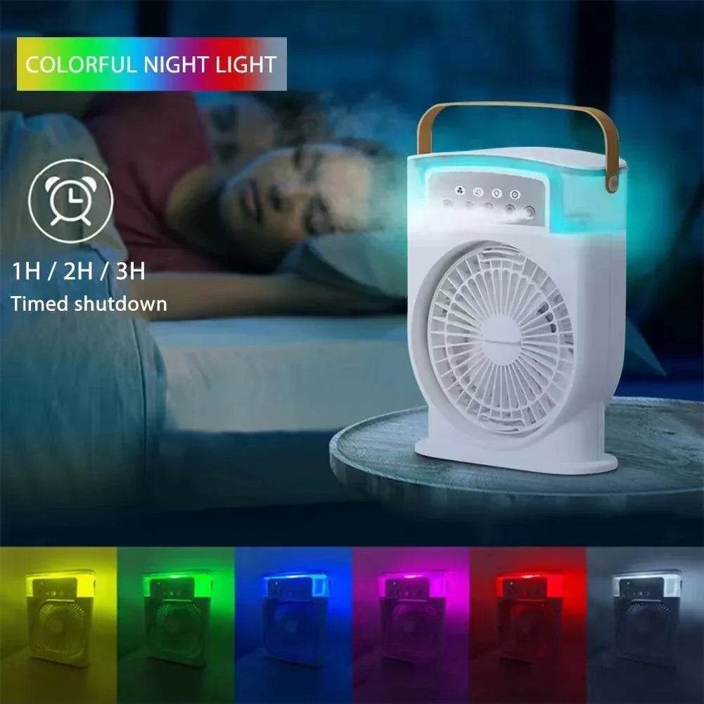 Compact USB-powered evaporative air cooler with 7-color mood lighting, portable design, and powerful fan for personal climate control