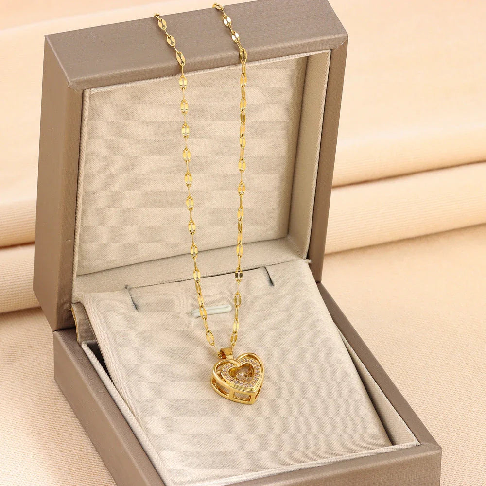 Elegant double-layered love necklace with rhinestones, titanium steel pendant, fashion jewellery for women
