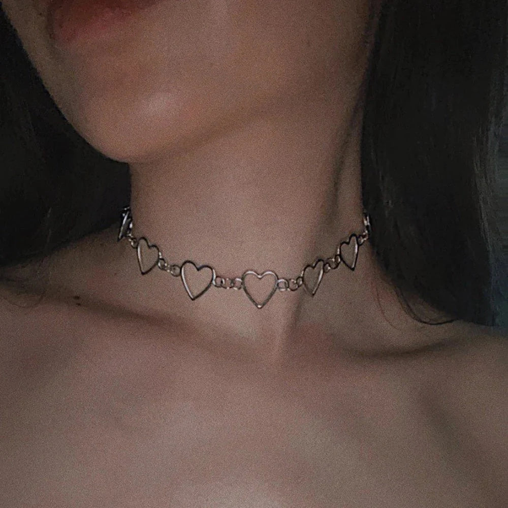 Hollow Korean Sweet Love Heart Choker in silver and gold with adjustable chain