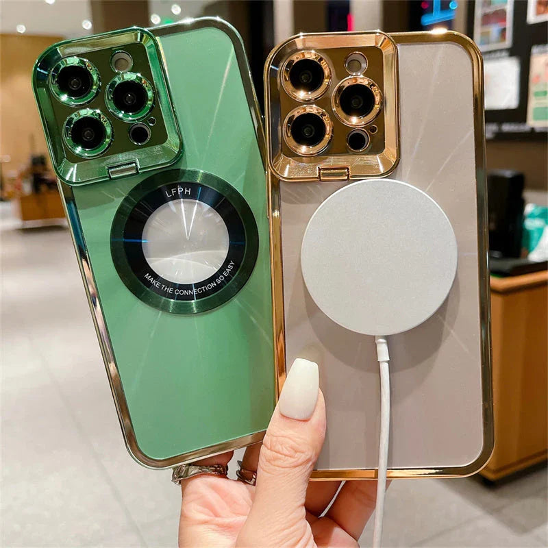 Sleek and stylish Magsafe phone case with invisible camera stand and CD pattern design