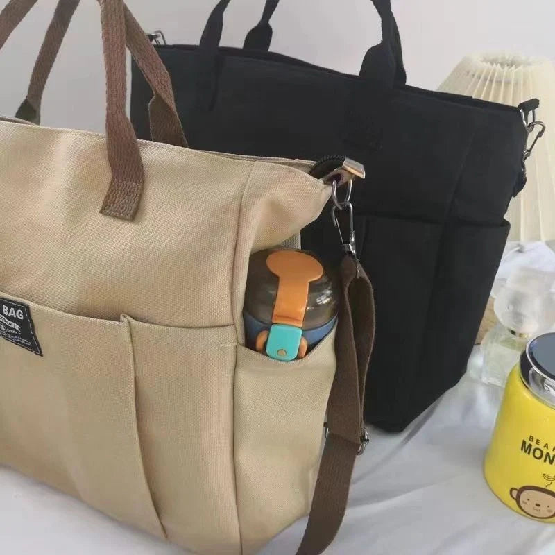 Stylish Spacious Canvas Shoulder Bag for daily commute in khaki, black, beige, and black corduroy style
