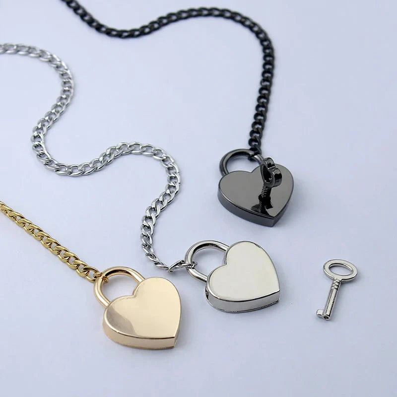 Adjustable Heart Slip Chain Necklace with Key Lock Charm in Black, Silver, and Gold Colours